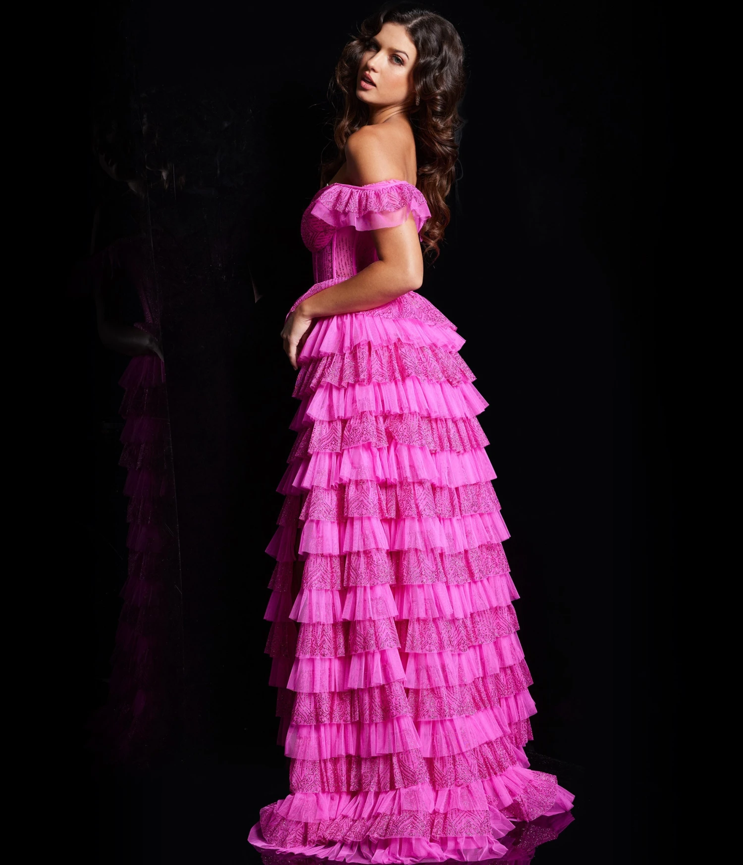 Jovani Hot Pink Glitter Off The Shoulder Ruffle Tiered Ballgown 2 Jovani Hot Pink Glitter Off The Shoulder Ruffle Tiered Ballgown - Image 2