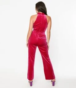 Hot Pink Velvet Halter Jumpsuit -Pleaser Clothing Store hot pink velvet halter jumpsuit 665471
