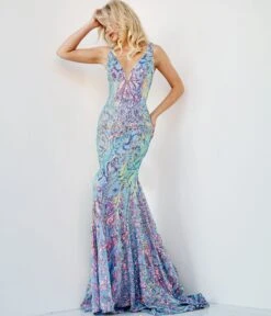 Jovani Iridescent Blue Open Back Evening Gown