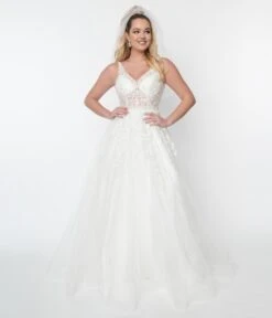 Ivory Floral Lace & Tulle Wedding Ball Gown -Pleaser Clothing Store ivory floral lace tulle wedding ball gown 396684