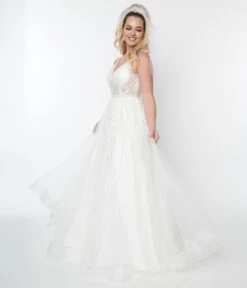 Ivory Floral Lace & Tulle Wedding Ball Gown -Pleaser Clothing Store ivory floral lace tulle wedding ball gown 427066