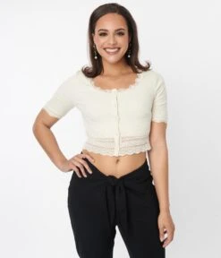 Ivory Scallop Lace Knit Crop Top -Pleaser Clothing Store ivory scallop lace knit crop top 965744