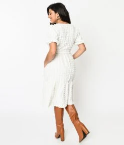 Ivory Textured Smock Fit & Flare Dress -Pleaser Clothing Store ivory textured smock fit flare dress 629850