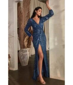 Cinderella Divine Lapis Blue Sequin Long Sleeve Slit Evening Gown