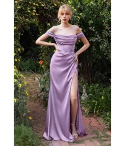 Cinderella Divine Lavender Black Satin Off The Shoulder Corset Bridesmaid Gown