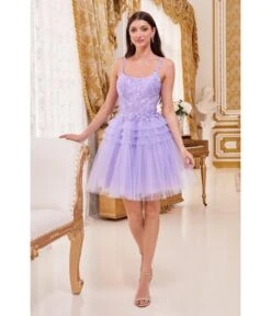 Cinderella Divine Lavender Floral Applique & Tiered Tulle Cocktail Dress