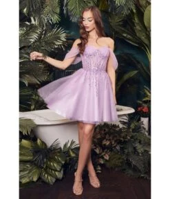 Cinderella Divine Lavender Glitter Tulle Off Shoulder Corset Mini Dress