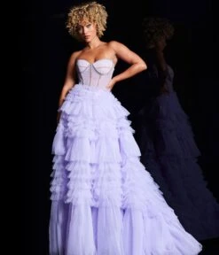 Jovani Lavender Ruffle Tiered Strapless Sweetheart Ballgown