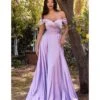 Cinderella Divine Lavender Satin Off The Shoulder Bridesmaid Gown