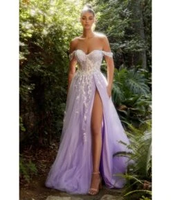 Cinderella Divine Lavender Sequin Applique Off The Shoulder Tulle Evening Gown