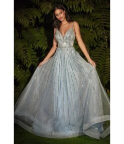 Cinderella Divine Light Blue Beaded Embellished Glitter Tulle Prom Dress