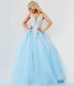 Jovani Light Blue Floral Applique Tulle Ballgown