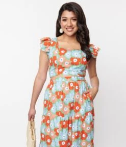 Light Blue & Red Floral Smocked Crop Top -Pleaser Clothing Store light blue red floral smocked crop top 252606