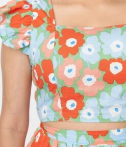 Light Blue & Red Floral Smocked Crop Top -Pleaser Clothing Store light blue red floral smocked crop top 550035