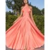 Cinderella Divine Light Coral Satin Convertible Halter Evening Gown
