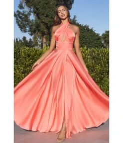 Cinderella Divine Light Coral Satin Convertible Halter Evening Gown
