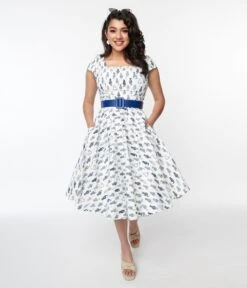Magnolia Place Ivory & Navy Cat Anna Swing Dress -Pleaser Clothing Store magnolia place ivory navy cat anna swing dress 218998