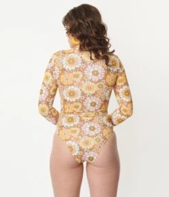Magnolia Place Mustard Floral Print Long Sleeve Swimsuit -Pleaser Clothing Store magnolia place mustard floral print long sleeve swimsuit 315117