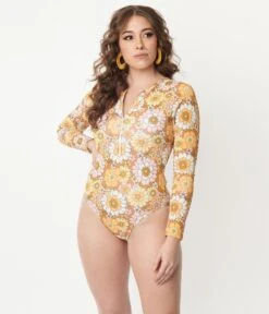 Magnolia Place Mustard Floral Print Long Sleeve Swimsuit -Pleaser Clothing Store magnolia place mustard floral print long sleeve swimsuit 614094