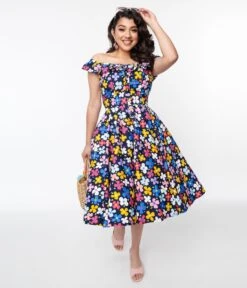 Magnolia Place Navy & Multicolor Floral Barbara Swing Dress -Pleaser Clothing Store magnolia place navy multicolor floral barbara swing dress 117638