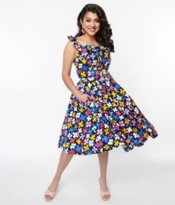 Magnolia Place Navy & Multicolor Floral Barbara Swing Dress -Pleaser Clothing Store magnolia place navy multicolor floral barbara swing dress 977333