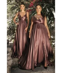 Cinderella Divine Mahogany Flowy Satin A-Line Bridesmaid Gown