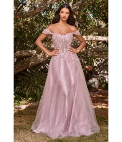 Cinderella Divine Mauve Glitter Lace & Tulle Embellished Off The Shoulder Prom Gown
