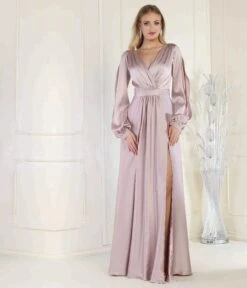 Mauve Satin Long Sleeve Goddess Gown -Pleaser Clothing Store mauve satin long sleeve goddess gown 274511