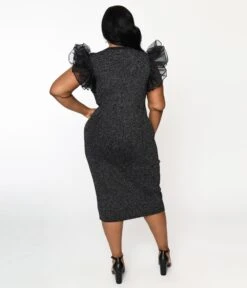 Metallic Black Ruffle Sleeved Knit Midi Wiggle Dress -Pleaser Clothing Store metallic black ruffle sleeved knit midi wiggle dress 739643