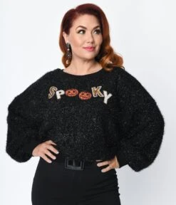 Metallic Black Spooky Patch Oversized Crop Knit Sweater -Pleaser Clothing Store metallic black spooky patch oversized crop knit sweater 720981