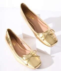 Metallic Gold Leatherette Bow Flats -Pleaser Clothing Store metallic gold leatherette bow flats 556738