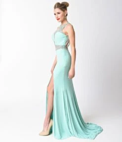 Mint Blue Fitted Jeweled Split Long Dress -Pleaser Clothing Store mint blue fitted jeweled split long dress 372537