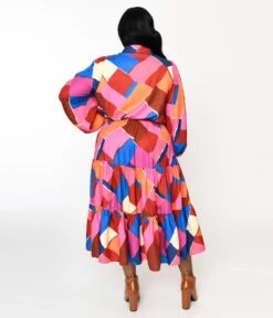 Multicolor Geometric Tiered Maxi Shirt Dress -Pleaser Clothing Store multicolor geometric tiered maxi shirt dress 358054