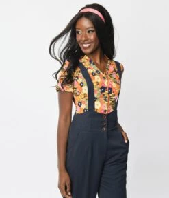 Mustard Ditsy Floral Fit & Flare Button Up Top