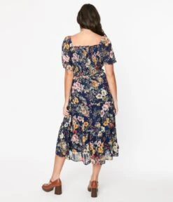 Navy Blue Floral Puff Sleeve Midi Dress -Pleaser Clothing Store navy blue floral puff sleeve midi dress 212715