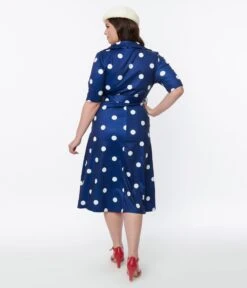 Navy Blue & White Polka Dot Satin Swing Dress 5 Navy Blue & White Polka Dot Satin Swing Dress -Pleaser Clothing Store navy blue white polka dot satin swing dress 313334