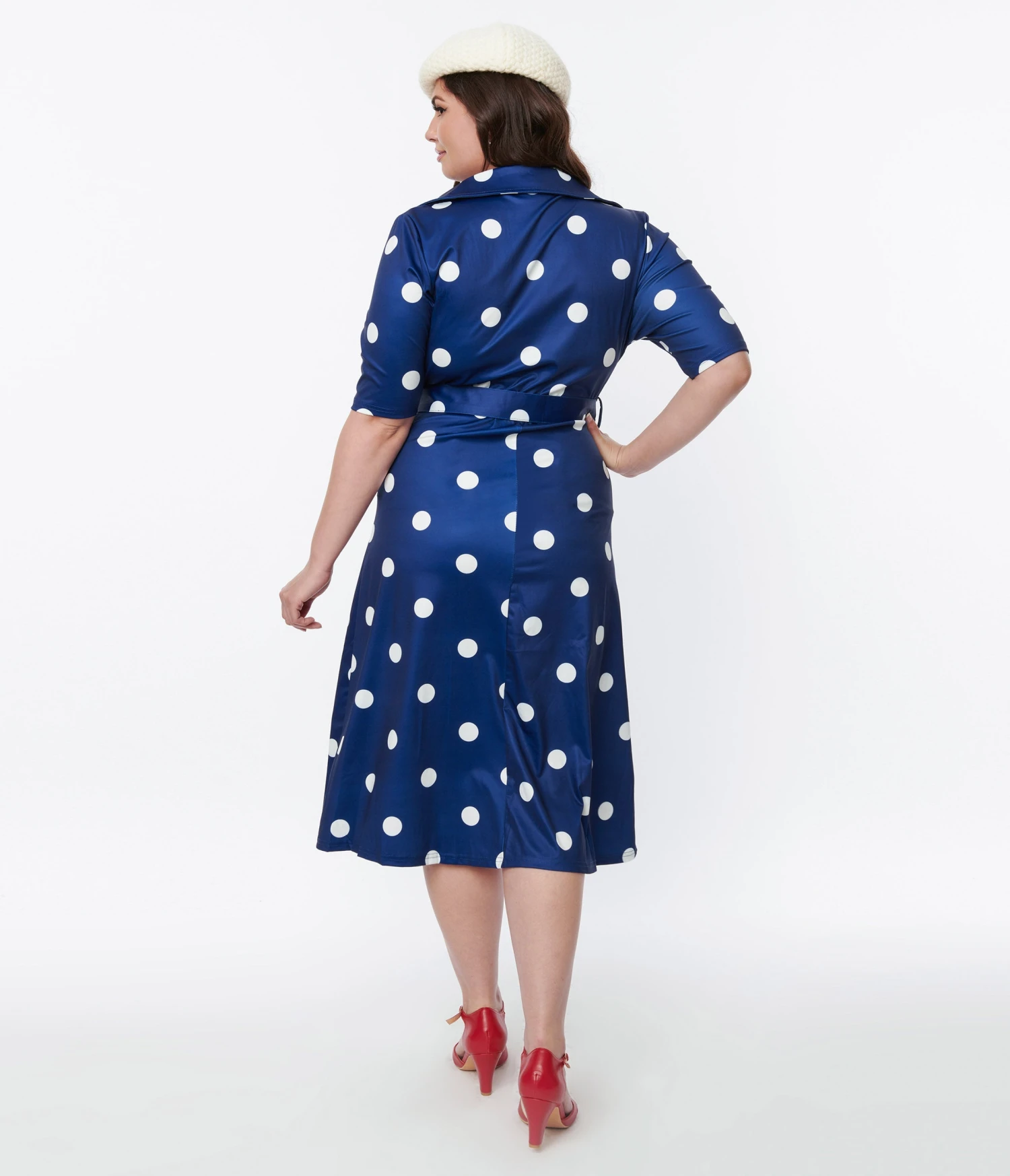 Navy Blue & White Polka Dot Satin Swing Dress 3 Navy Blue & White Polka Dot Satin Swing Dress - Image 3