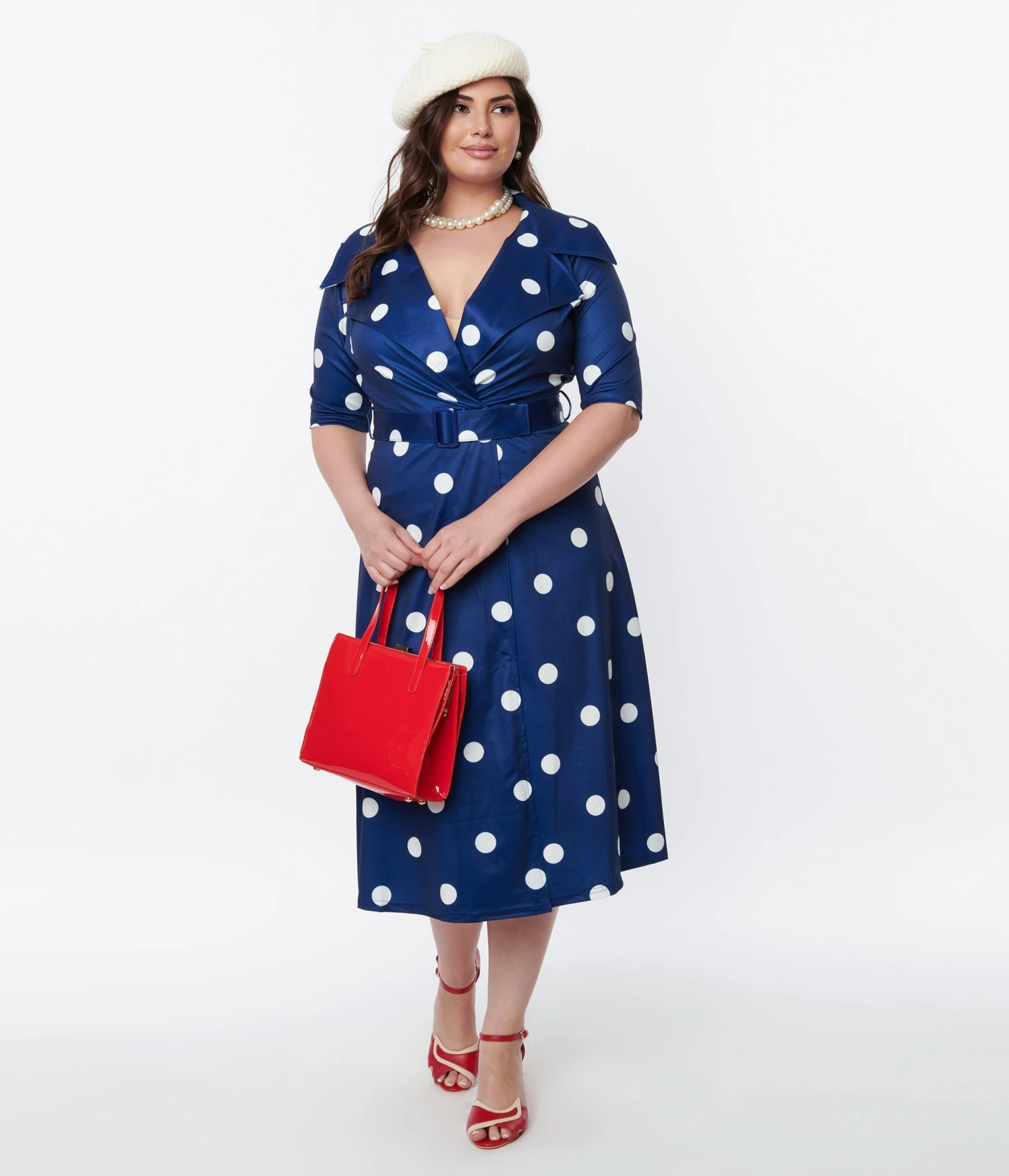 Navy Blue & White Polka Dot Satin Swing Dress 1 Navy Blue & White Polka Dot Satin Swing Dress