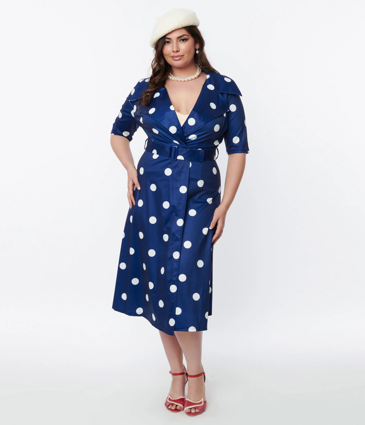 Navy Blue & White Polka Dot Satin Swing Dress 2 Navy Blue & White Polka Dot Satin Swing Dress - Image 2