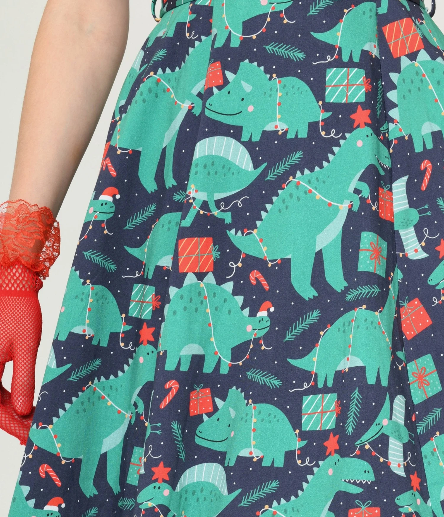 Navy & Dino Christmas Print Swing Dress 2 Navy & Dino Christmas Print Swing Dress - Image 2