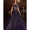 Cinderella Divine Navy & Gold Off The Shoulder Magical Glitter Prom Ball Gown
