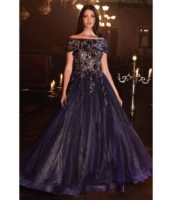 Cinderella Divine Navy & Gold Off The Shoulder Magical Glitter Prom Ball Gown