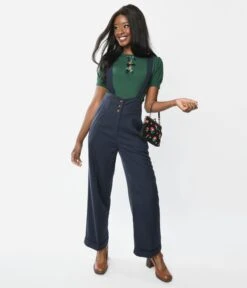 Navy Her Favorite Suspender Trousers -Pleaser Clothing Store navy her favorite suspender trousers 194129