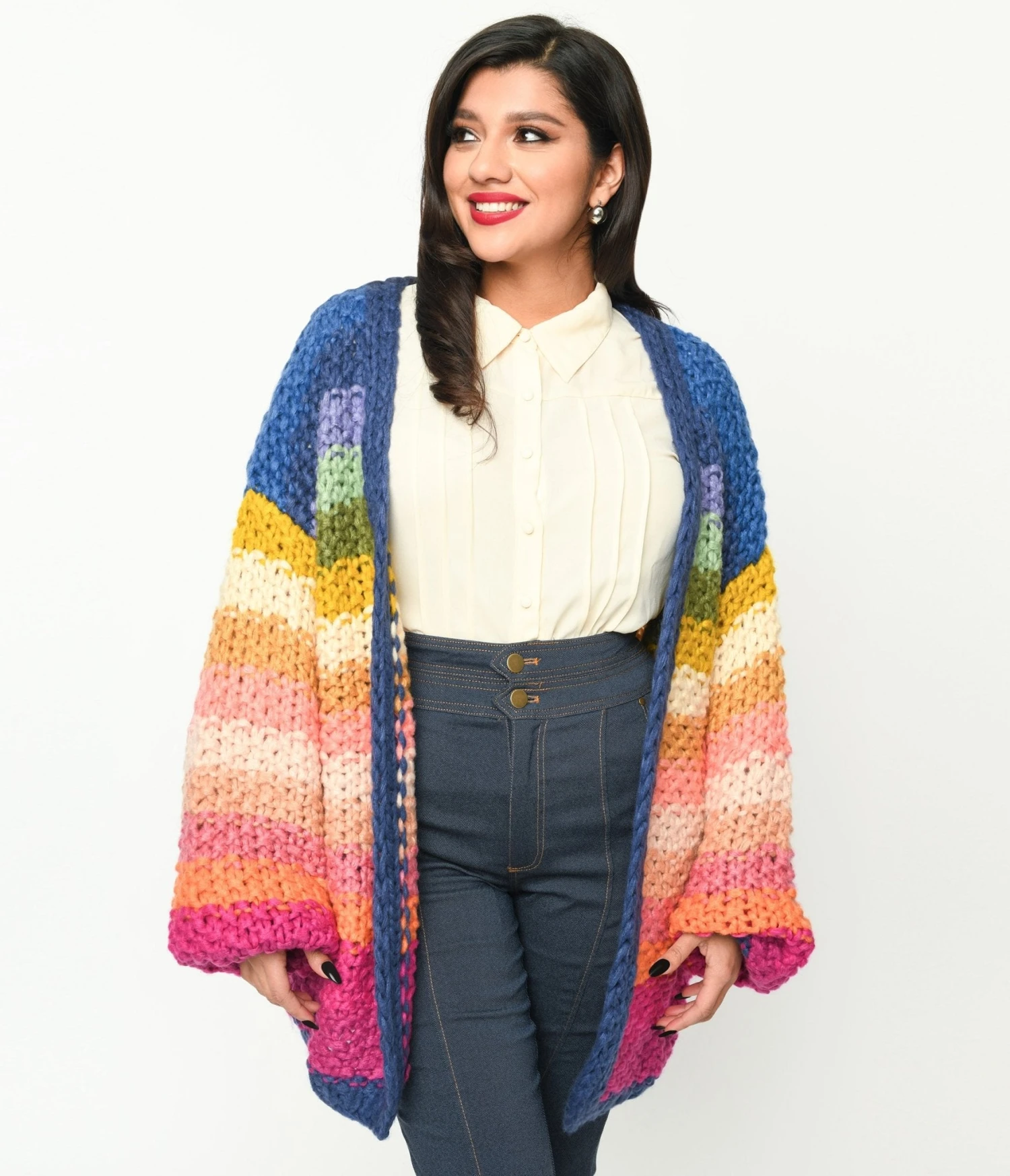 Navy & Multicolor Striped Crochet Knit Open Cardigan 2 Navy & Multicolor Striped Crochet Knit Open Cardigan - Image 2