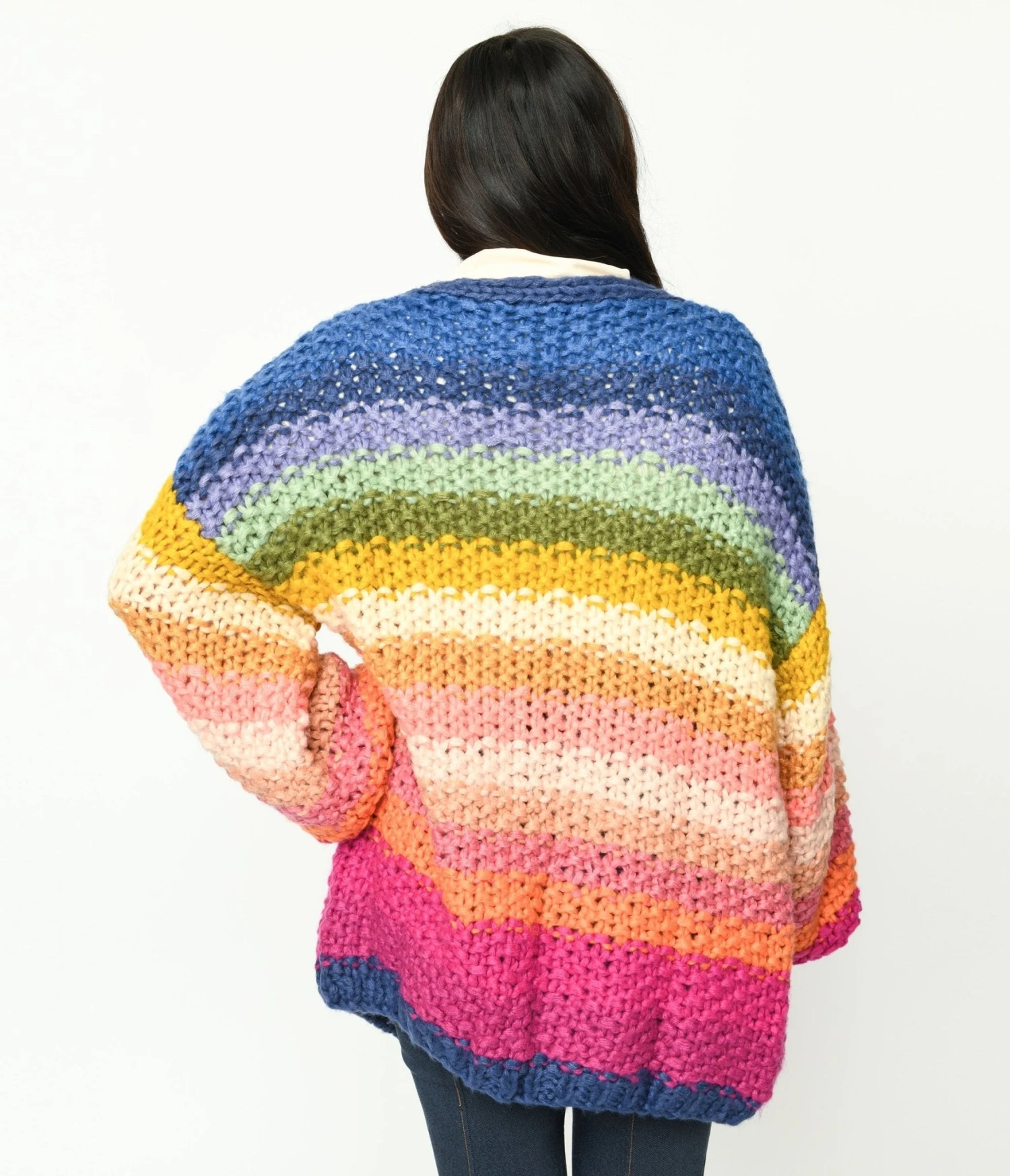 Navy & Multicolor Striped Crochet Knit Open Cardigan 3 Navy & Multicolor Striped Crochet Knit Open Cardigan - Image 3