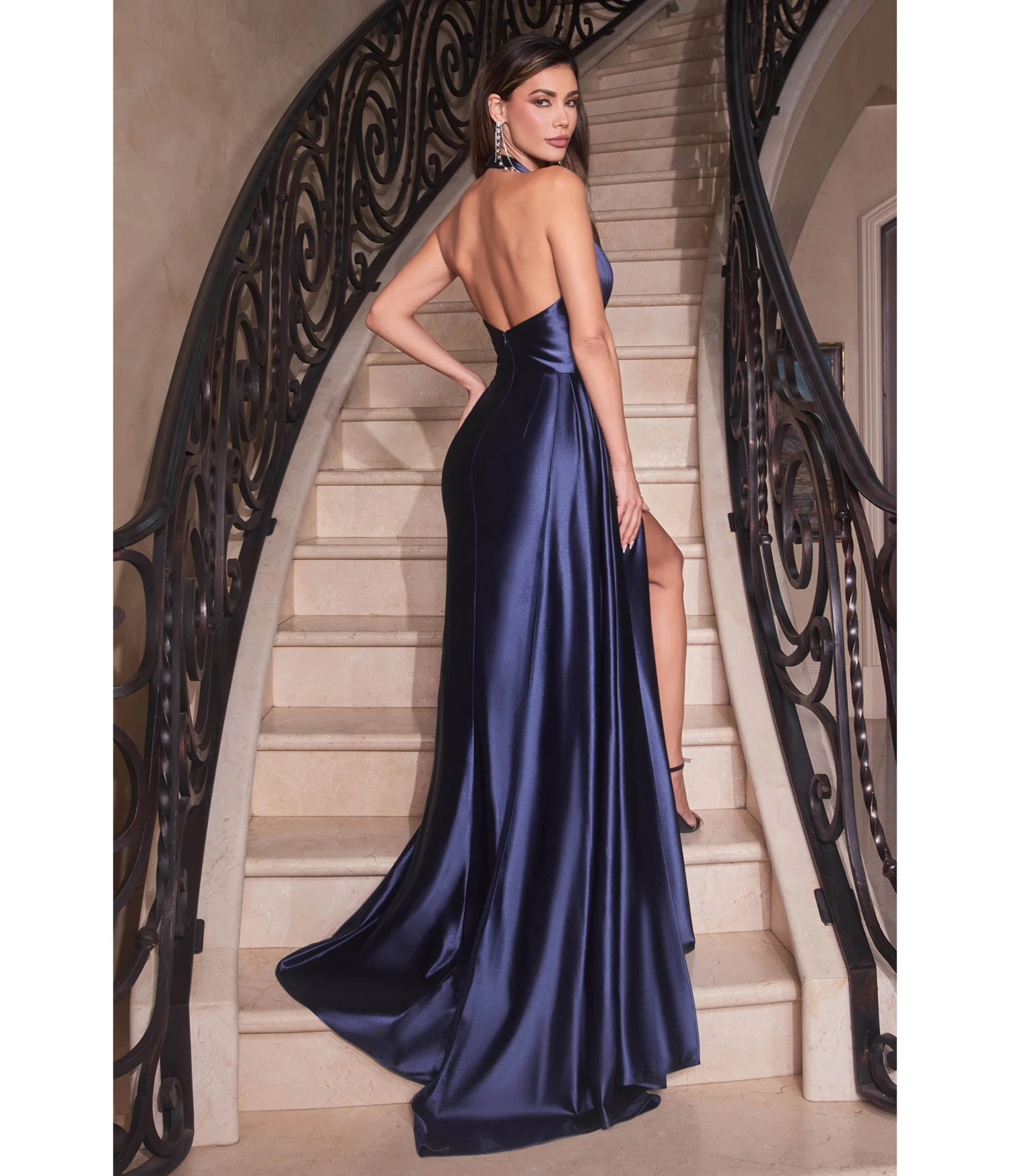 Cinderella Divine Navy Pleated Satin Halter Fitted Slit Dress 2 Cinderella Divine Navy Pleated Satin Halter Fitted Slit Dress - Image 2