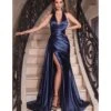 Cinderella Divine Navy Pleated Satin Halter Fitted Slit Dress