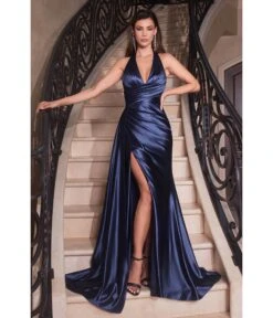 Cinderella Divine Navy Pleated Satin Halter Fitted Slit Dress