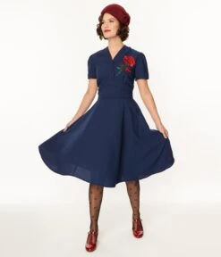 Navy & Rose Embroidered Swing Dress