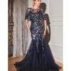 Cinderella Divine Navy & Silver Rhinestone Floral Trumpet Bridesmaid Gown